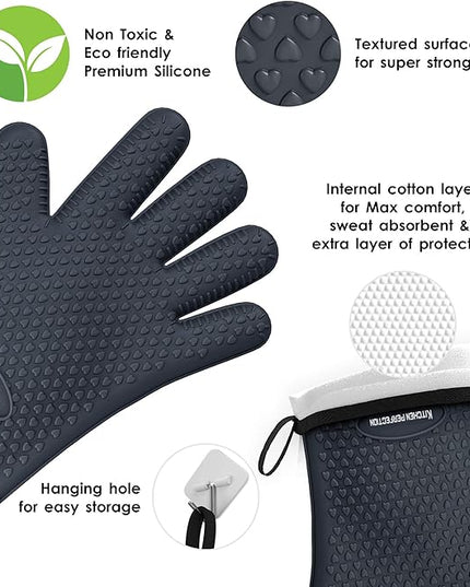 KITCHEN PERFECTION Silicone Smoker Oven Gloves -Extreme Heat Resistant BBQ Gloves -Handle Hot Food Right on Your Smoker Grill Fryer Pit|Waterproof Oven Mitts Grill Gloves |Superior Value Set+3 Bonuses