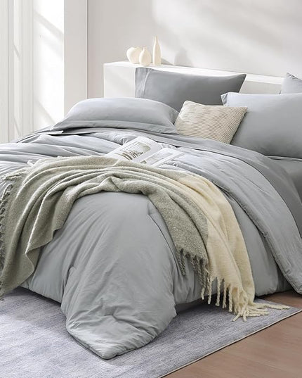 WRENSONGE Queen Comforter Set- 7 Pieces Soft Light Grey Bed in a Bag Queen with Fitted Sheet, Flat Sheet, 2 Pillow Shams, and 2 Pillowcases- Warm Bed Set for All Season