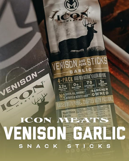 ICON Meats Venison and Pork Snack Sticks, Garlic, 6 Pack High Protein Snacks, 4 Meat Sticks per Pack, Zero Sugar, Gluten Free, Natural, USDA Inspected, Made in the USA, Gifts & Stocking Stuffers