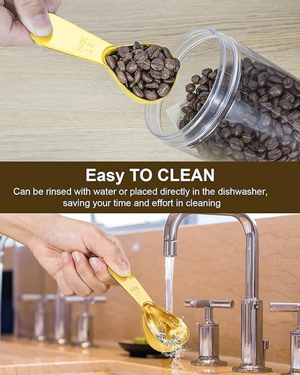 Stainless steel coffee scoop 2-piece set (1 tbsp, 2 tbsp) durable Tablespoon, ergonomic measuring spoon, Suitable for small and large jars，short-handled spoon (Gold)