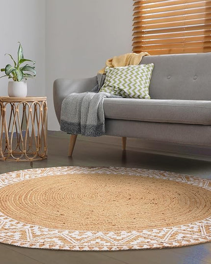 voyzz home Premium Natural Jute Braided Area Rug, 6-feet Round, White Printed Border, Stain Resistance, Natural Handmade Rug for Entryways, Living Room, Dining Room, Bedroom, Farmhouse, Kitchen