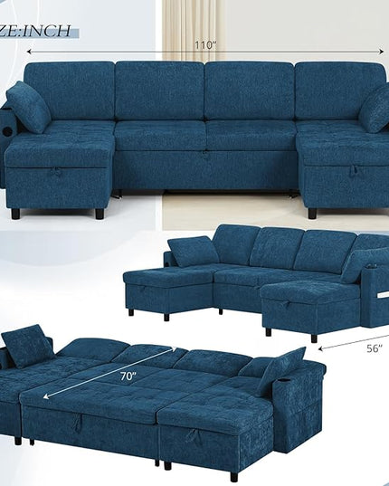 110" Sectional Pull Out Sofa Bed with Adjustable Backrests, U-Shaped Sleeper Sofa with USB Ports, Upholstered Reversible Couch with Cup Holder & Storage Space for Living Room, House, Blue