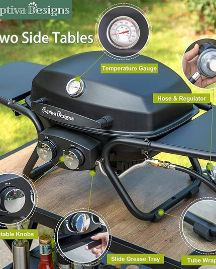 Captiva Designs Portable Propane Grill, 15,000 BTU Output TableTop Liquid Gas Grill with 2 Stainless Steel Burners, 275 sq.in. Cooking Area with Side Tables