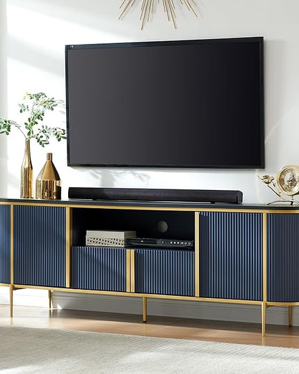 OKD Luxury 70" Fluted TV Stand, Modern Chic Entertainment Center for TVs Up to 80 inches, TV Console with Faux Marble Top, Curved Profile Design, Media Console for Living Room, Navy Blue