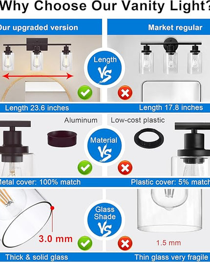 MELUCEE 3 Light Bathroom Vanity Light Oil Rubbed Bronze, Industrial Wall Light Fixture with Clear Glass Shade Sconces for Bedroom Porch Kitchen Living Room (Patent No.: US D963914 S)