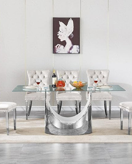 7 Piece Dining Table Set, Modern Glass Dining Table Set for 6 with Velvet Chairs, 70" Luxury Dining Table Chairs Set of 6, Kitchen Dining Room Sets for Dinner Dinette Breakfast Banquet, Beige+Silver