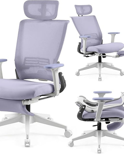 Foldable Office Chair with Foot Rest, Ergonomic Office Chair with Adjustable Lumbar Support, Headrest, Armrest, Home Office Desk Chair for Space Saving, Work from Home, Purple