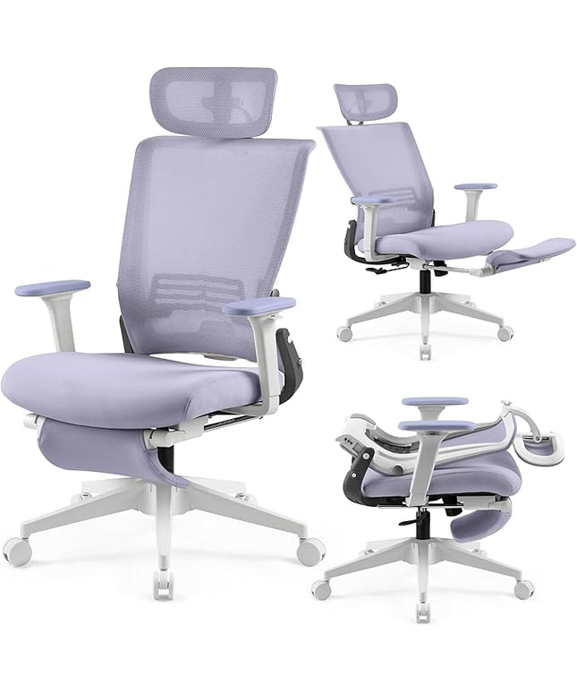 Foldable Office Chair with Foot Rest, Ergonomic Office Chair with Adjustable Lumbar Support, Headrest, Armrest, Home Office Desk Chair for Space Saving, Work from Home, Purple