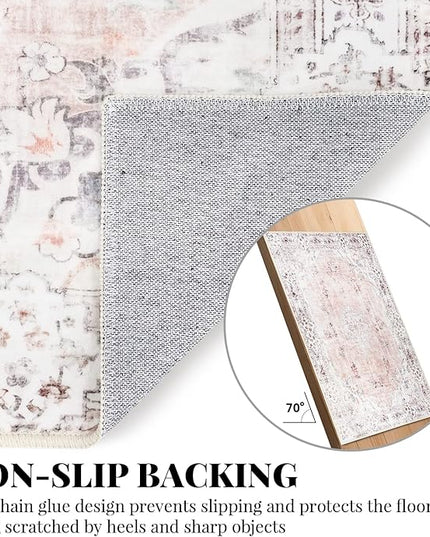 MUJOO Boho Rug 4'x6.5' Area Rugs for Bedroom Living Room Dining Room Pink Small Rugs Machine Washable Non Slip Carpet for Office Dorm Bedside Kitchen Laundry Room Floral