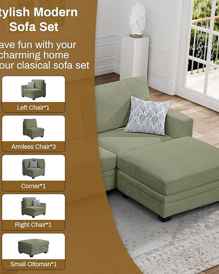 Legend Vansen Oversized Modular Sectional Sofa,7 Seat U Shaped Couch with Ottoman,Corduroy Sofa with Deep Seat,Convertible Large Sectional Couches for Living Room (Olive, L-7)