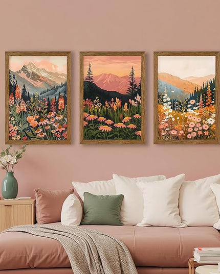 InspiredHues Colorful Landscape Boho Canvas Wall Art Set, 3 Piece Wildflower Mountain Wall Decor, Vintage Floral Rustic Nature Artwork Prints for Living Room Bedroom Office 16x24 Inch Wood Framed