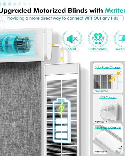 Motorized Blinds with Remote, Hub-Free Smart Blinds Work with Alexa, Automatic Roller Shades for Windows with Matter Motor, Cordless Blackout Shades, Solar Panel, Rechargeable, Grey, 35*72