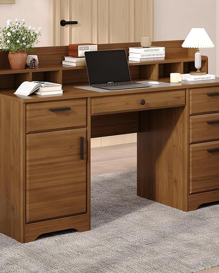 Executive Desk with File Drawers,Computer Desk with Storage,58 Inch Home Office Desk with Storage Cabinet for Bedroom, Rustic Brown