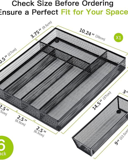 Neudeco Drawer Organizer Set 6 Pack - 5-Compartment Silverware Organizer Tray + 5 Utensil Trays, Kitchen Drawer Organizer for Flatware, Cutlery, Office Supplies, Black Mesh, Non-Slip.