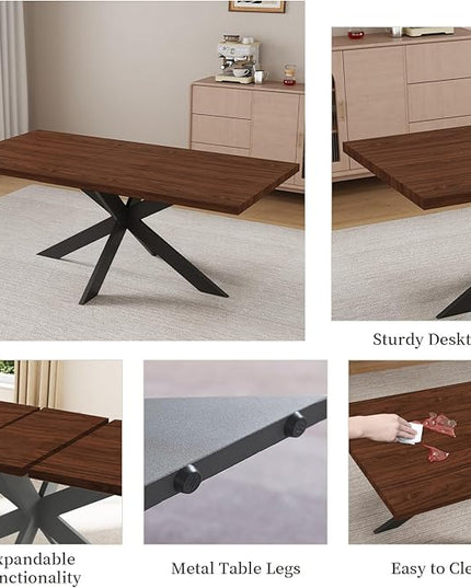 ZckyCine Modern 7-Piece Dining Table Set, 51''-67'' Extendable Walnut Wood Rectangular Table with Metal Legs and 6 PU Leather Chairs, Kitchen & Dining Room Furniture for 6, Easy Assembly