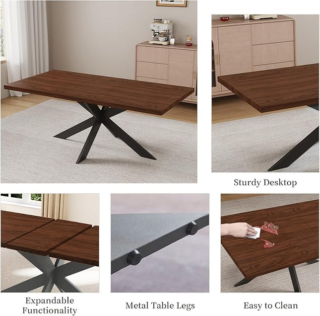 ZckyCine 63"-79" Expandable Dining Table Set for 6-8 People, Modern Rectangular Kitchen Table, Walnut Finish, Metal Frame, 6 PU Leather Cushioned Chairs, Easy Assembly