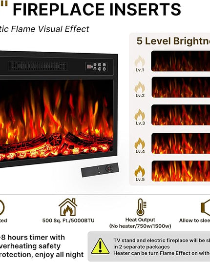 65" Fluted Fireplace TV Stand for TVs Up to 75 inches, Modern Entertainment Center with 23" Electric Fireplace, Wooden Curved TV Console with Sliding Doors for Living Room, Natural Oak