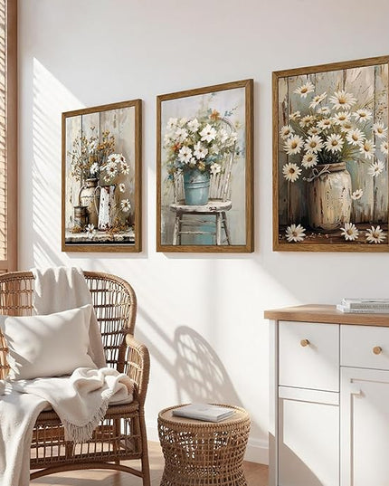 DUWQU 3 Piece Framed Elegant Farmhouse Canvas Wall Art, Vintage Floral Pictures Art Wall Decor, Nature Themed Daisy Art Prints for Living Room Bedroom Kitchen and Office Ready to Hang 16×24 Inches