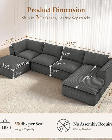 Vesgantti 141.7" U Shaped Boneless Sectional Couch, Modern 6 Seater Modular Sofa with Chaise & Ottoman, Deep Seat Corduroy Cloud Couches for Living Room, No Assembly Required, Dark Gray