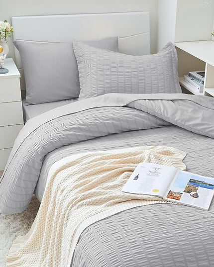 HYMOKEGE Light Grey Twin XL Comforter Set Seersucker 5 Pieces, All Season Luxury Bed in a Bag for Bedroom, Bedding Set with Comforter, Sheets, Pillowcase & Sham