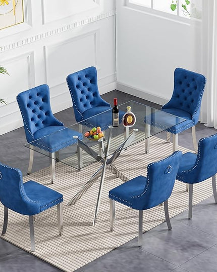 60.63in Rectangular Glass Dining Table Set for 6, Glass Kitchen Table and Chair Set for 6, Modern 7 Piece Dining Room Set with 6 Fabric Upholstered Chairs, Silver Metal Legs Home Kitchen Furniture