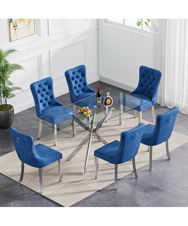 60.63in Rectangular Glass Dining Table Set for 6, Glass Kitchen Table and Chair Set for 6, Modern 7 Piece Dining Room Set with 6 Fabric Upholstered Chairs, Silver Metal Legs Home Kitchen Furniture