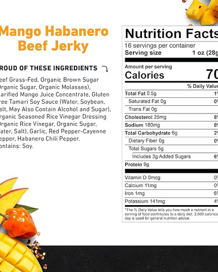 Country Archer Grass-Fed Beef Jerky - Beef Jerky Snack Pack, Beef Jerky Bulk, Individual Beef Jerky Pack, Protein Snack, Country Archer Beef Jerky, Gluten Free, Paleo - Mango Habanero, 16 oz