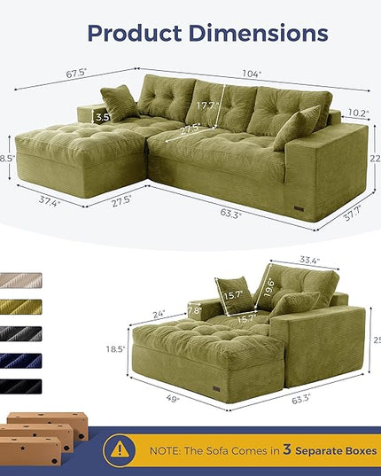 MAXYOYO Sectional Sofa Couch and Chaise Lounge, L Shaped Modern Cloud Couch with Ottoman, Comfy Sofa with Layered Cushion, Tufted Upholstered Sleeper Chair for Living Room, No Assembly Required