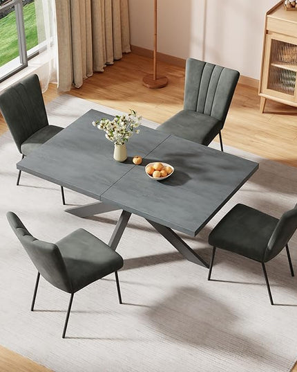 ZckyCine 63"-79" Extendable Dining Table Set with 6 Velvet Dining Chairs, Modern Rectangular Kitchen Table Set for 6-8 People, Space-Saving Expandable Dining Table with Metal Frame