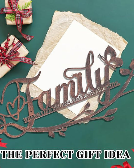 AUHOKY Family Where Life Begins Love Never Ends Word Sign Metal Wall Decor, Black Home Decor Wall Art Decorations, Letters Quotes Sign for Living Room Bedroom Kitchen Indoor Outdoor Decor(17.5 x 9in)