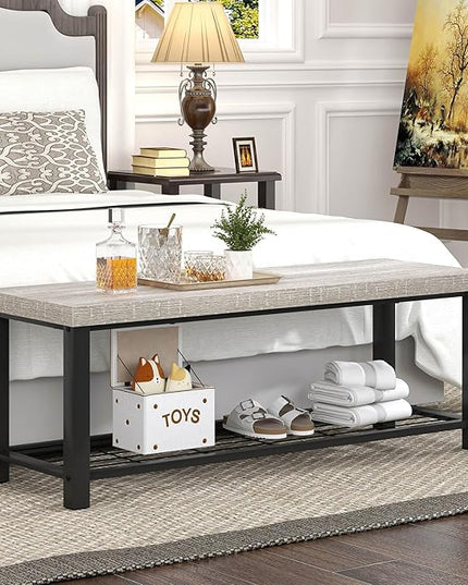 FOLUBAN Entryway Bench, Rustic Wood and Metal Shoe Storage Bench for Hallway Front Door Entrance, Industrial Indoor Bench for Bedroom Living Room, 43.3 Inch Light Grey