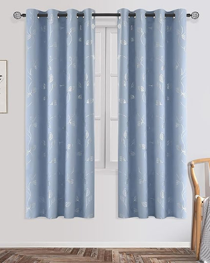 BUHUA Heat Blocking Curtains, Black Out Curtains 72 Inch Long 2 Panels Burg, Soundproof Curtains with Silver Leaf Printed (52 x 72 Inch, Baby Blue, Set of 2 Panels)