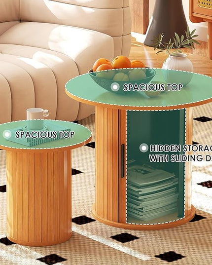 COSVALVE Nesting Coffee Table Set of 2 with Hidden Storage & Sliding Door, Circle Wood Coffee Table, Farmhouse Side & End Table Sets for Living Room, Small Spaces, Natural