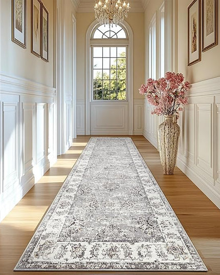 jinchan Fiora Long Hallway Runner Rug 2x12 Machine Washable Runner Rug Grey Vintage Floral Design Non-Slip Ultra-Thin for Kitchen Laundry Room Bedroom Farmhouse (2‘x12', Grey)