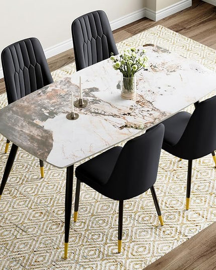 Modern Dining Table Set for 4, 62'' Sintered Stone Table, 4 Chairs, Easy to Assemble