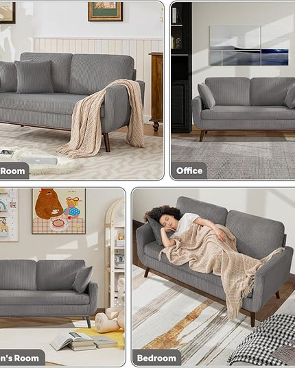 Tbfit Corduroy Couch for Living Room, Mid Century Modern Sofa with Spring Cusions for Bedroom,Comfy Upholstered Couches Easy Assembly with Solid Wood Legs & 2 Pillows (Grey, 65inch)