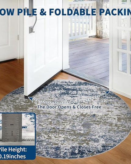 Modern Abstract 8x8 Round Area Rug Non Slip Non Shedding Rug Low Pile Stain Resistant for Bedroom Living Room Office Dining Room,Navy