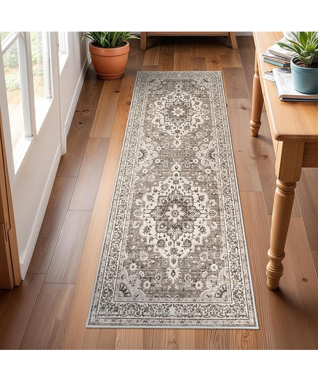 Washable Oriental Hallway Runner Rug - 2x6 Rugs for Living Room Soft Carpet for Bedroom Kitchen Waterproof Floral Distressed Indoor Stain Resistant Non-Shedding Floor Carpets (Beige, 2X6)