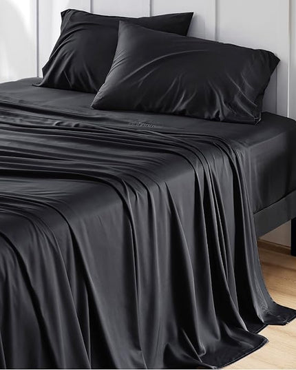 Bedsure Full Size Bed Sheets, Cooling Sheets, Rayon Derived from Bamboo, Breathable & Soft, Deep Pocket Up to 16 Inches, Hotel Luxury Silky Bedding for Hot Sleepers, Black