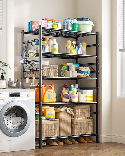 Storage Shelves 5-Tier Large Capacity Metal Shelving with Hooks, Heavy Duty Garage Shelving Unit with Leveling Feet, Stable Metal Shelves for Pantry, Kitchen and Closet, 72" H x 36" W x 12" D, Black