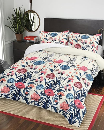 AILONEN Retro Flowers Comforter Set Queen Size, Watercolor Pink Blue Flowers Pattern Bedding Set,Spring Colorful Plants Theme Quilt Set Bedroom Decor 3Pcs(1 Comforter + 2 Pillowcases)