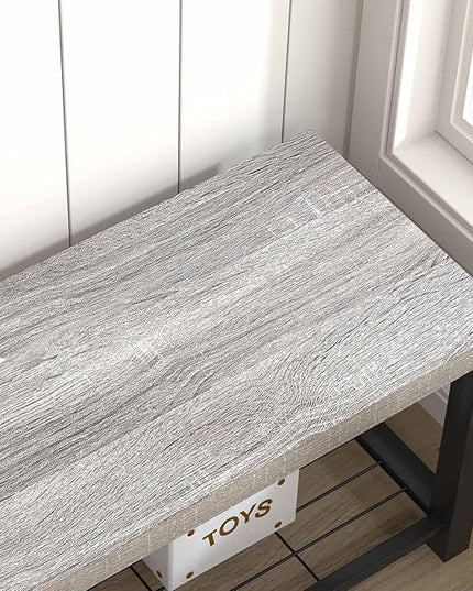 FOLUBAN Entryway Bench, Rustic Wood and Metal Shoe Storage Bench for Hallway Front Door Entrance, Industrial Indoor Bench for Bedroom Living Room, 43.3 Inch Light Grey