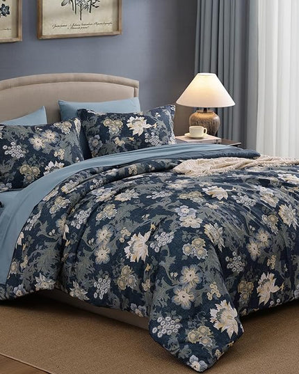Full Comforter Set -7 Pieces Floral Navy Blue Comforter Set for All Seasons, Bed in a Bag Full with Botanical Flowers Comforter, Sheets, Pillowcases & Shams