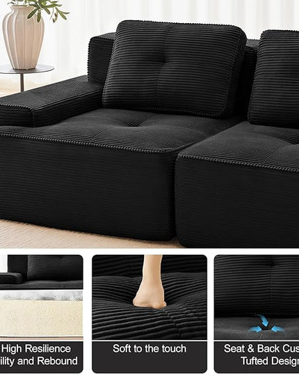 Hommoo 153" Oversized Sectional Sofa, Modular U Shaped Couch with Ottoman, Comfy Corduroy Couches with Deep Seat, 6 Seat Convertible Boneless Sofa for Living Room No Assembly Required Black