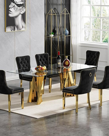 7 Piece Dining Table Set with 6 Black Dining Chairs, Modern Glass Kitchen Table and Chairs Set for 6, 70" Rectangle Gold Glass Pedestal Dining Room Tables with Flash-Shape Stainless Steel Base