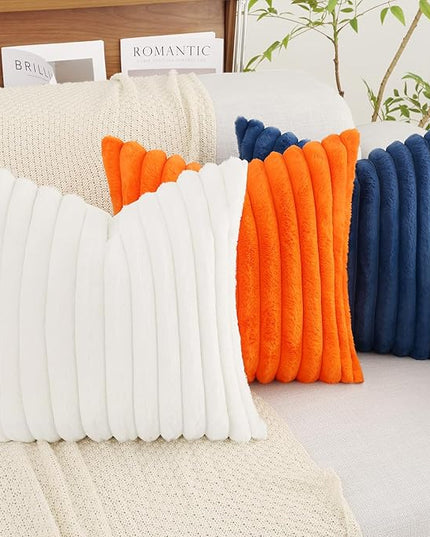 decorUhome Faux Fur Spring Throw Pillow Covers 26x26 Set of 2, Decorative Soft Plush Striped Neutral Couch Euro Pillow Covers with Velvet Back for Sofa, Bed, Living Room Home Decor, White