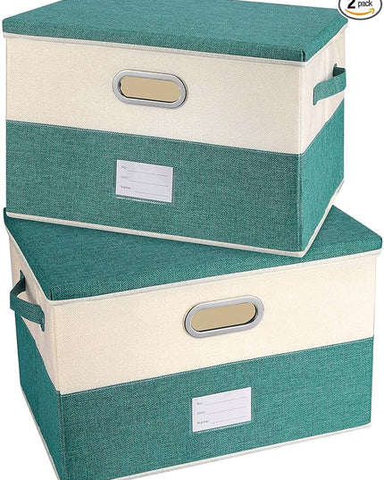 Large Linen Fabric Foldable Storage Bins with Removable Lid and Handles, Washable Storage Box Organizer Containers Baskets Cube with Cover for Bedroom,Office (Turquoise&Cream, Large(2-Pack))