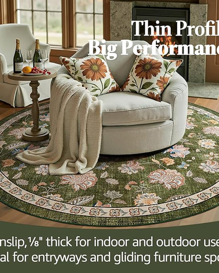 jinchan Elora 6ft Floral Round Rug for Washable Living Room Rug Vintage Romance Christmas Design Non Slip Indoor Floor Cover Lightweight Low-Profile Throw Carpet for Bedroom Porch Patio, Green