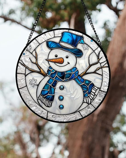 Stained Glass Window Hanging 4 Pcs Set White Winter Christmas Snow Scene 7.8" - Suncatcher Door Garden Sun Catcher Decor Birthday for Mom Woman Nana Men Friend Wife