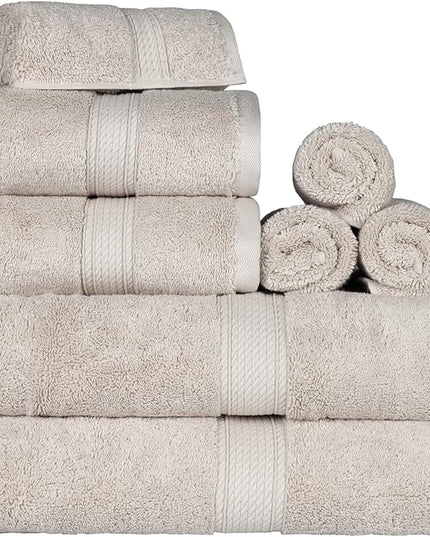 Superior Egyptian Cotton Pile 8 Piece Towel Set, Includes 2 Bath, 2 Hand, 4 Face Towels/Washcloths, Ultra Soft Luxury Towels, Thick Plush Essentials, Guest Bath, Spa, Hotel Bathroom, Stone